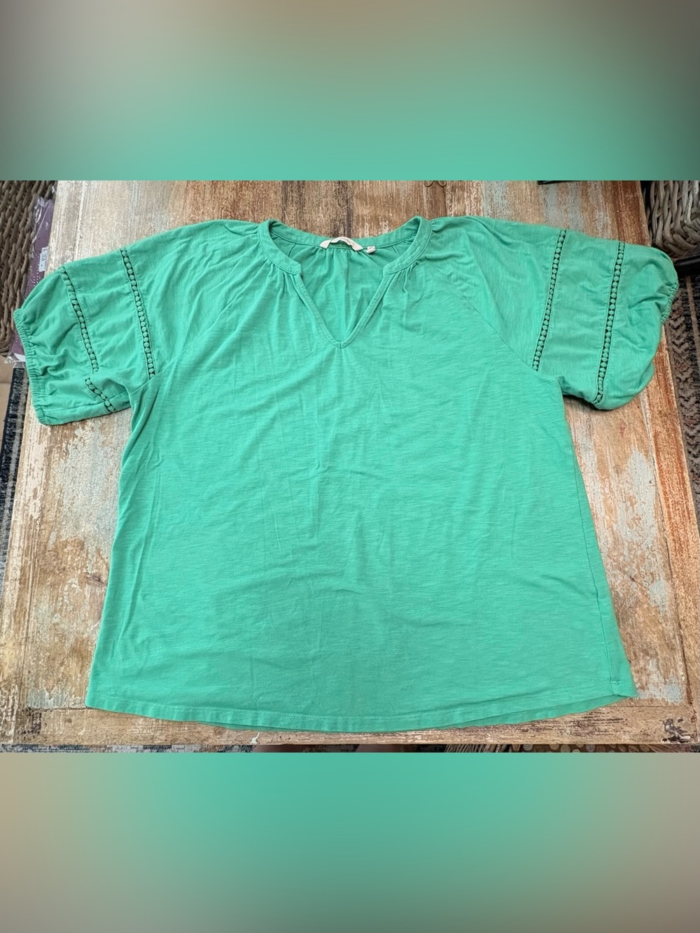 Soft Surroundings Short Sleeve Split-Neck Top in Mint Green